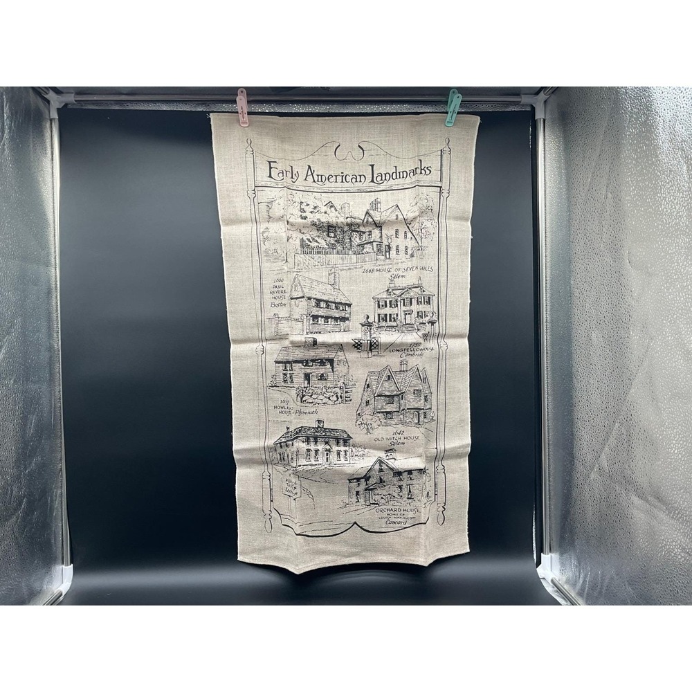 Early American Landmarks Tea Towel Linen Wall Hanging New England Map
